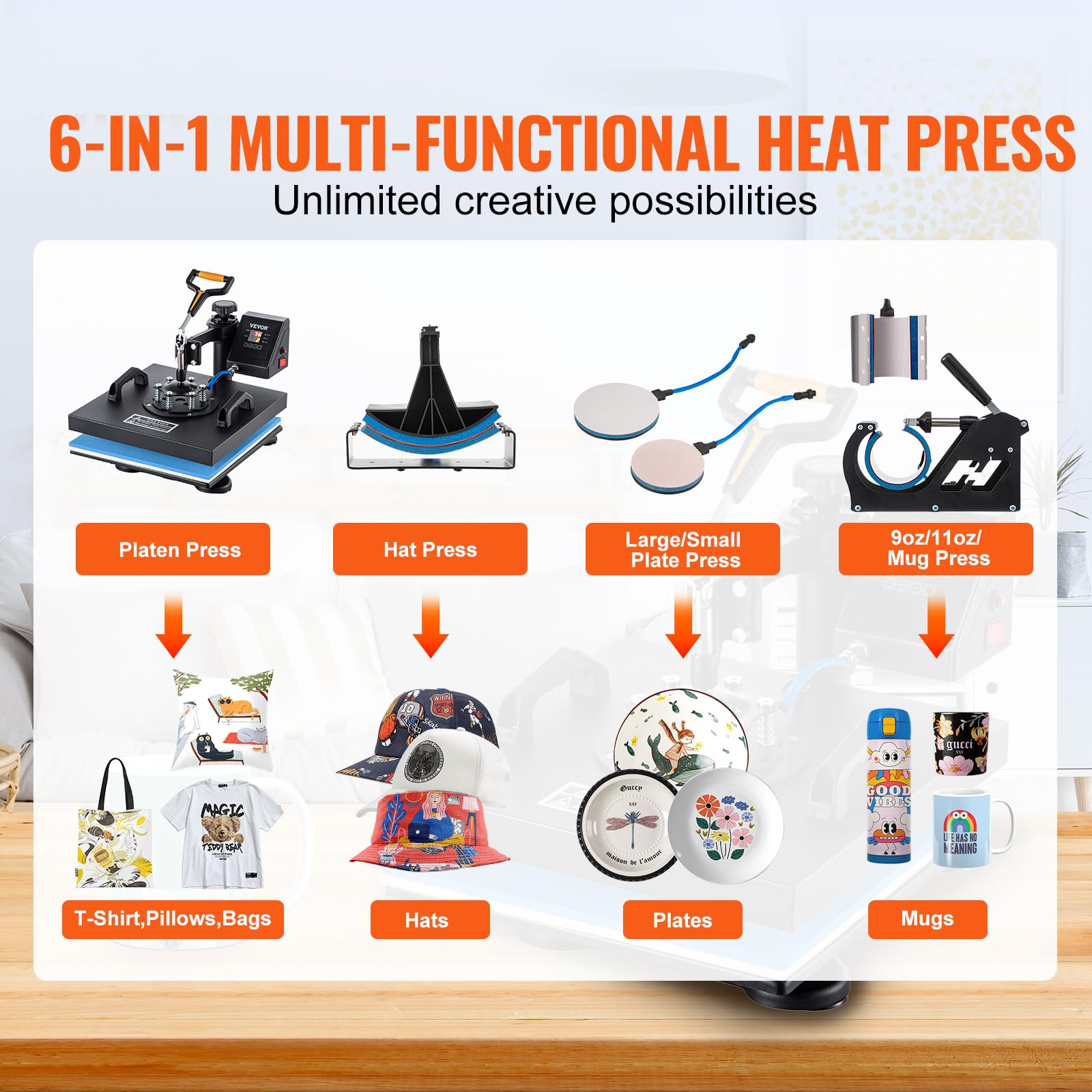 VEVOR 15x15 Inch 6-in-1 Digital Heat Press Machine with 360° Swing Away - Multi-Function T-Shirt, Hat, Mug & Plate Sublimation Transfer for DIY Printing | Perfect for Home Business, Craft Projects & Custom Apparel Making