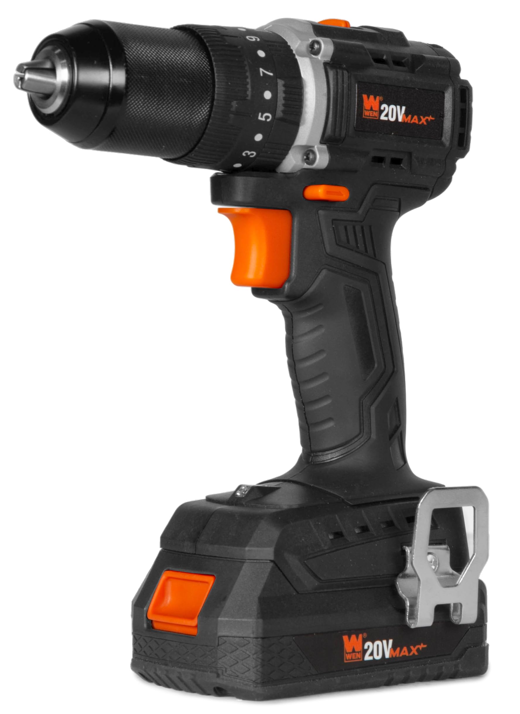 WEN 20V Max Cordless Hammer Drill and Driver Kit - Brushless Motor, 1/2-Inch Chuck, 2.0Ah Lithium-Ion Battery & Fast Charger Included (Model 20121) - Perfect for DIY Projects, Home Repairs, and Professional Construction Work