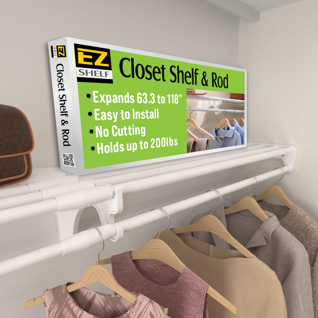 EZ SHELF - Heavy Duty Hanging Shelf for Closet - Adjustable Length 63.3-118 Inches - White Closet Organizer - Supports 200 lbs - Easy DIY Installation Between 2 Walls - Sturdy Alternative to Wire Shelving - Perfect for Bedroom, Walk-in Closet, and Storage Organization