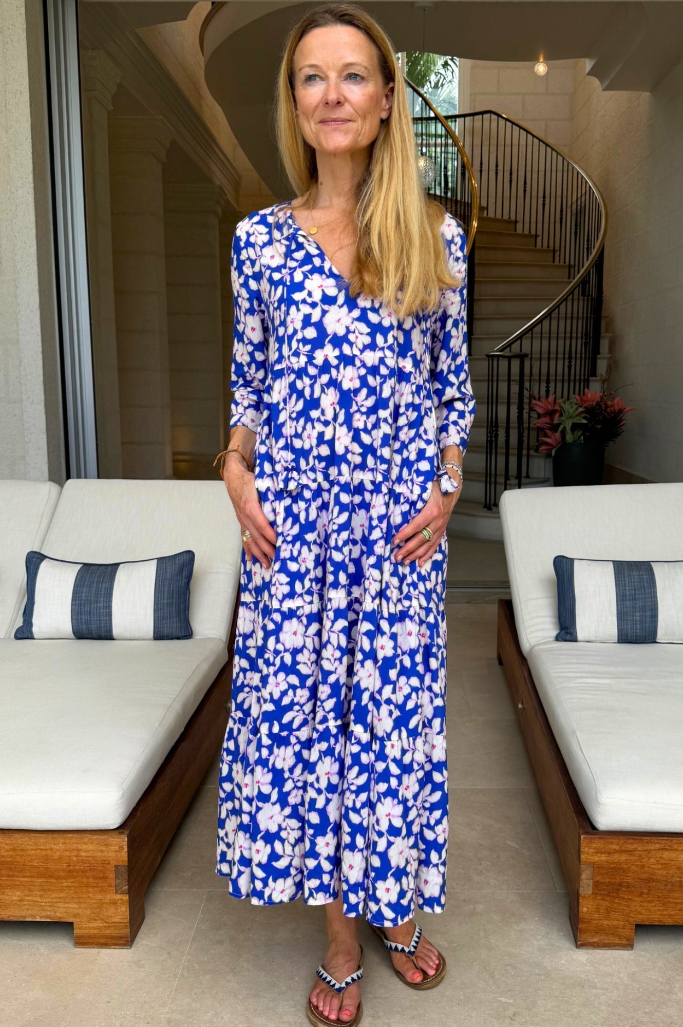 Emma EcoVero™ Midi Dress - Sustainable Floral Print Dress in Cobalt Blue & Pink | Perfect for Summer Weddings, Garden Parties & Casual Outings