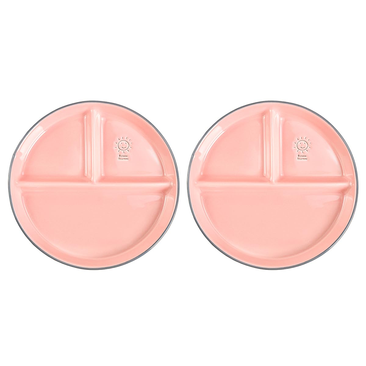 Round Ceramic Divided Plate - 8 Inch Smile Sun Design for Portion Control, Dessert, Salad & Dinner (Set of 2, Pink) | Perfect for Healthy Eating, Kids Meals & Party Serving