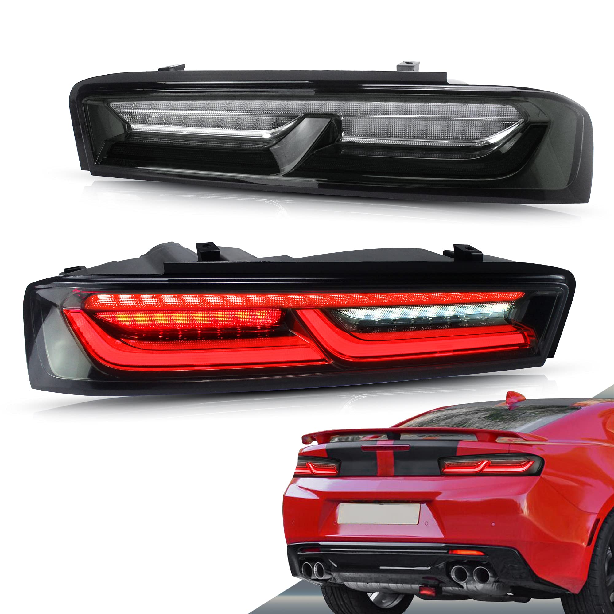 VLAND LED Tail Lights for Chevrolet Camaro 2016-2018 - Red Sequential Turn Signal, Smoke Clear Lens (US Plug) - Left & Right Rear Light Assembly - Perfect for Night Driving & Car Customization