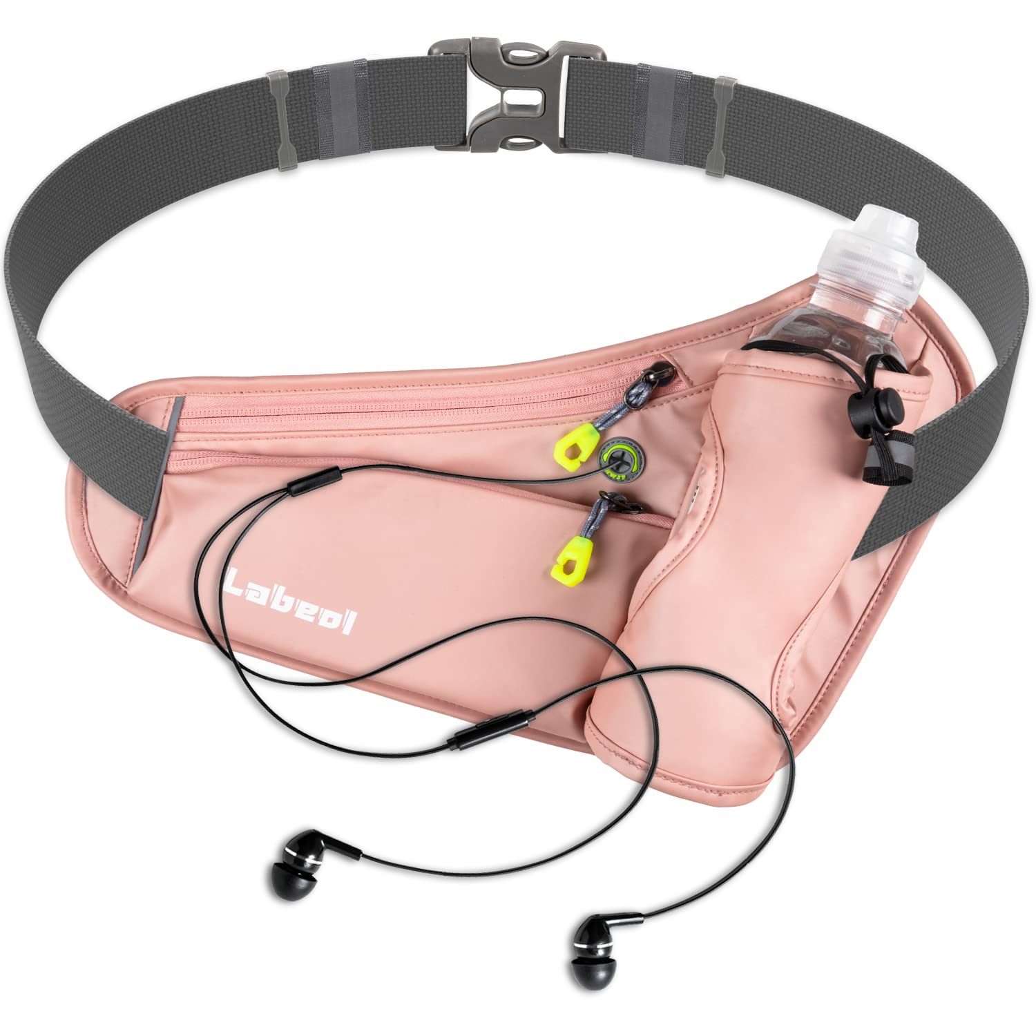 Labeol Adjustable Running Belt with Water Bottles - 2 Zipper Pockets Hydration Waist Pack for Men & Women - Lightweight Fanny Pack for Hiking, Jogging, Gym & Outdoor Activities (Pink)