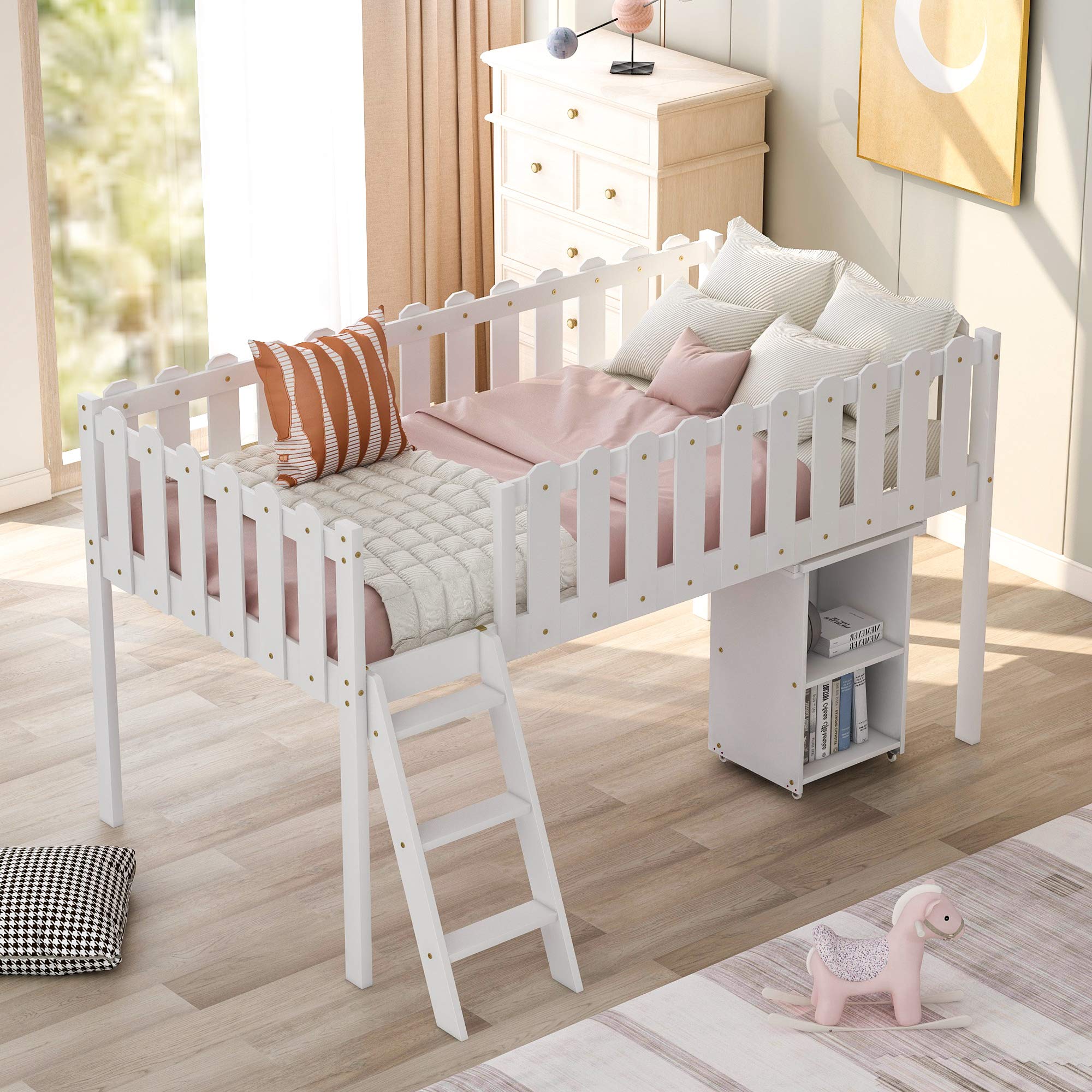 Wood Twin Loft Bed with Desk & Storage Cabinet - Space Saving Kids & Teens Furniture for Small Bedrooms (White) | Perfect for Dorm Rooms, Studio Apartments & Shared Kids' Bedrooms