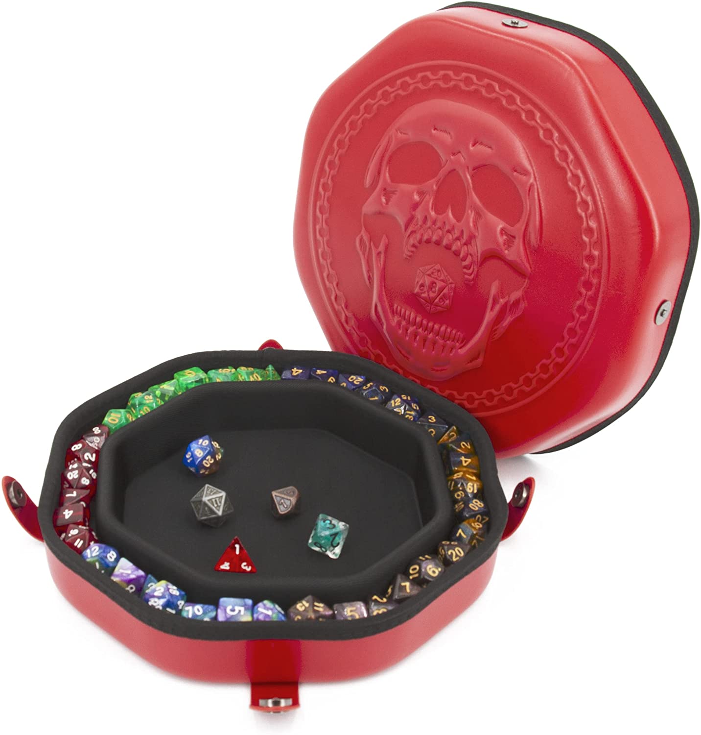 CASEMATIX Dice Tray and Storage Case - Holds 115 RPG Dice with Magnetic Snaps, Embossed Skull Design - Perfect for Dungeons & Dragons, Pathfinder, and Tabletop Gaming Sessions