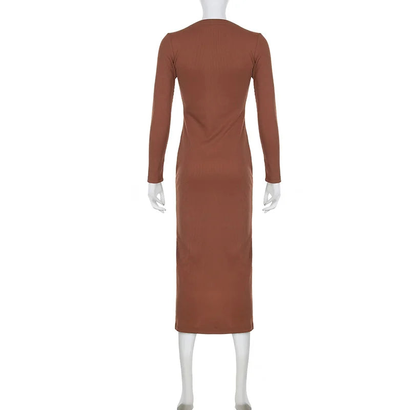 Elegant Asymmetrical Brown Knitted Long Dress for Women - Sexy Split Design with Buttons, Slim Fit Casual Autumn Dress 2024 | Perfect for Clubwear, Date Nights & Fall Fashion
