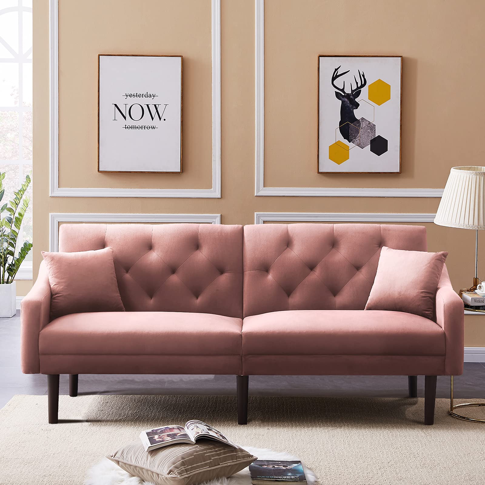Velvet Convertible Sofa Bed with 2 Pillows & Armrests - Modern Futon Couch for Small Spaces, Apartments & Living Rooms | Perfect for Guest Sleeping, Lounging & Space-Saving Solutions (Pink)
