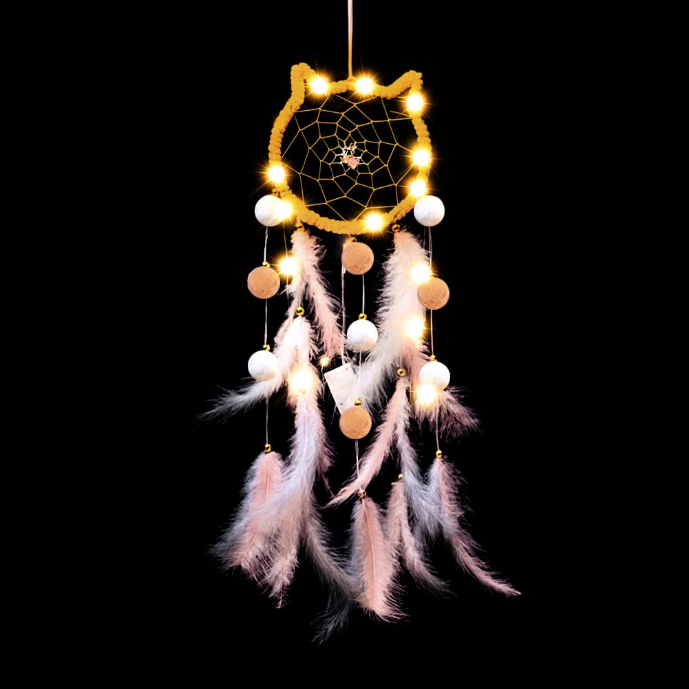 LED Light Up Feather Dream Catcher - Cat Shaped Night Light with Fairy String Lights for Bedroom Decor, Boho Wall Hanging for Girls, Boys, Kids & Adults | Perfect for Nursery, Dorm Room, Meditation Space & Gift Giving