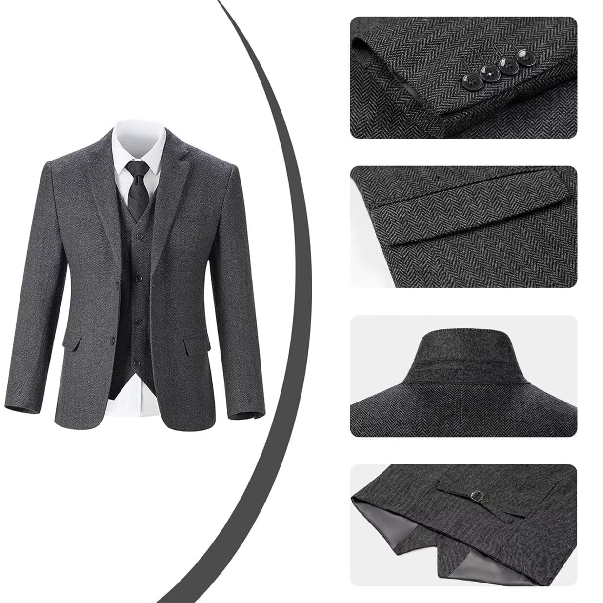 Retro Men's 3-Piece Tweed Herringbone Slim Fit Suit Set - Brown Groomsmen Tuxedo with Jacket, Vest & Pants for Weddings, Prom & Formal Events