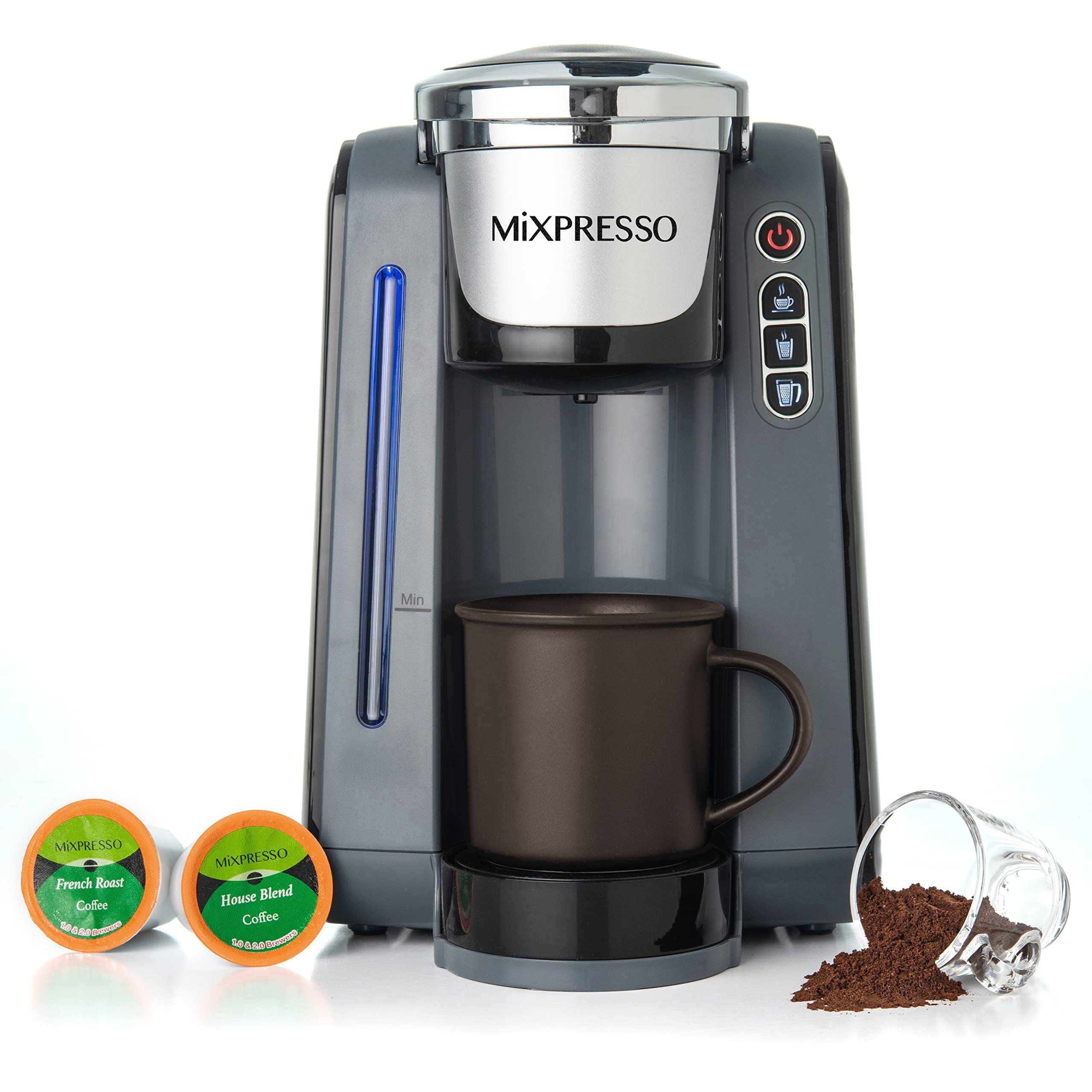 Mixpresso Single Serve K-Cup Coffee Maker - 4 Brew Sizes for 1.0 & 2.0 K-Cup Pods, 45oz Removable Water Tank, Fast Brewing with Auto Shut-Off - Perfect for Home, Office & Dorm Use (Gray)