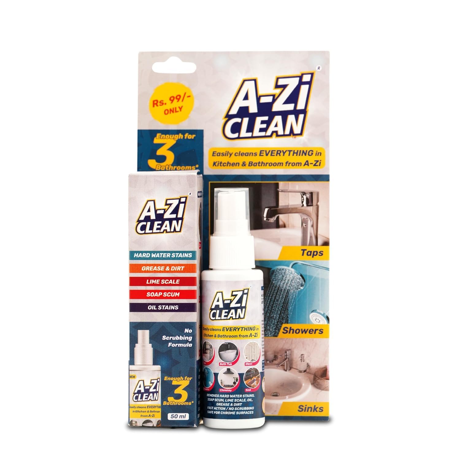 A-Zi Clean Tap Cleaner Spray 50ml - All-Purpose Bathroom & Kitchen Cleaner | Removes Hard Water Stains, Limescale, Grease & Dirt | Safe for Taps, Bathtubs, Sinks, Shower & Kitchen Surfaces | Perfect for Daily Cleaning & Stain Removal in Homes & Offices