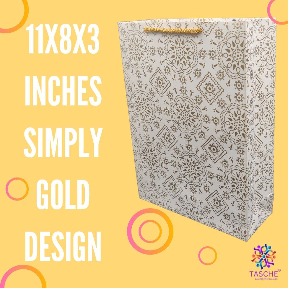Premium Gold Waves & Elegant Gold Design Printed Gift Bags - 11x8x3 Inches (Pack of 10) | Perfect for Birthday, Holiday, Wedding & Party Favors, Return Gifts & Special Occasions