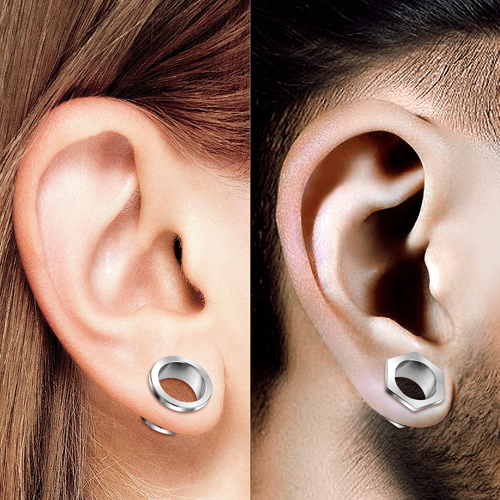 2 Pairs 316L Surgical Steel Ear Plugs - Hexagon Tunnel Lobe Earrings for Stretching - Hypoallergenic Body Jewelry for Men & Women - Perfect for Daily Wear, Parties and Alternative Fashion