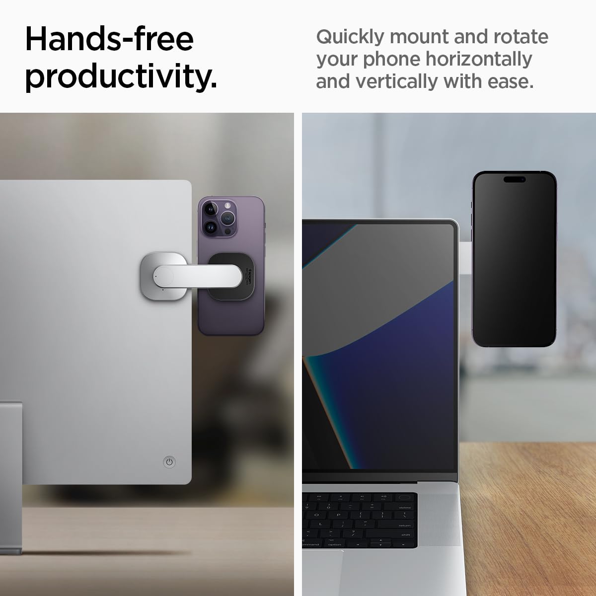 Spigen OneTap MagFit Magnetic Mount Stand for Laptops & Monitors - Compatible with iPhone 16/15/14/13/12 Series, AirPods Pro 2 & AirPods 3 (Silver) | Perfect for Home Office, Car & Travel Use