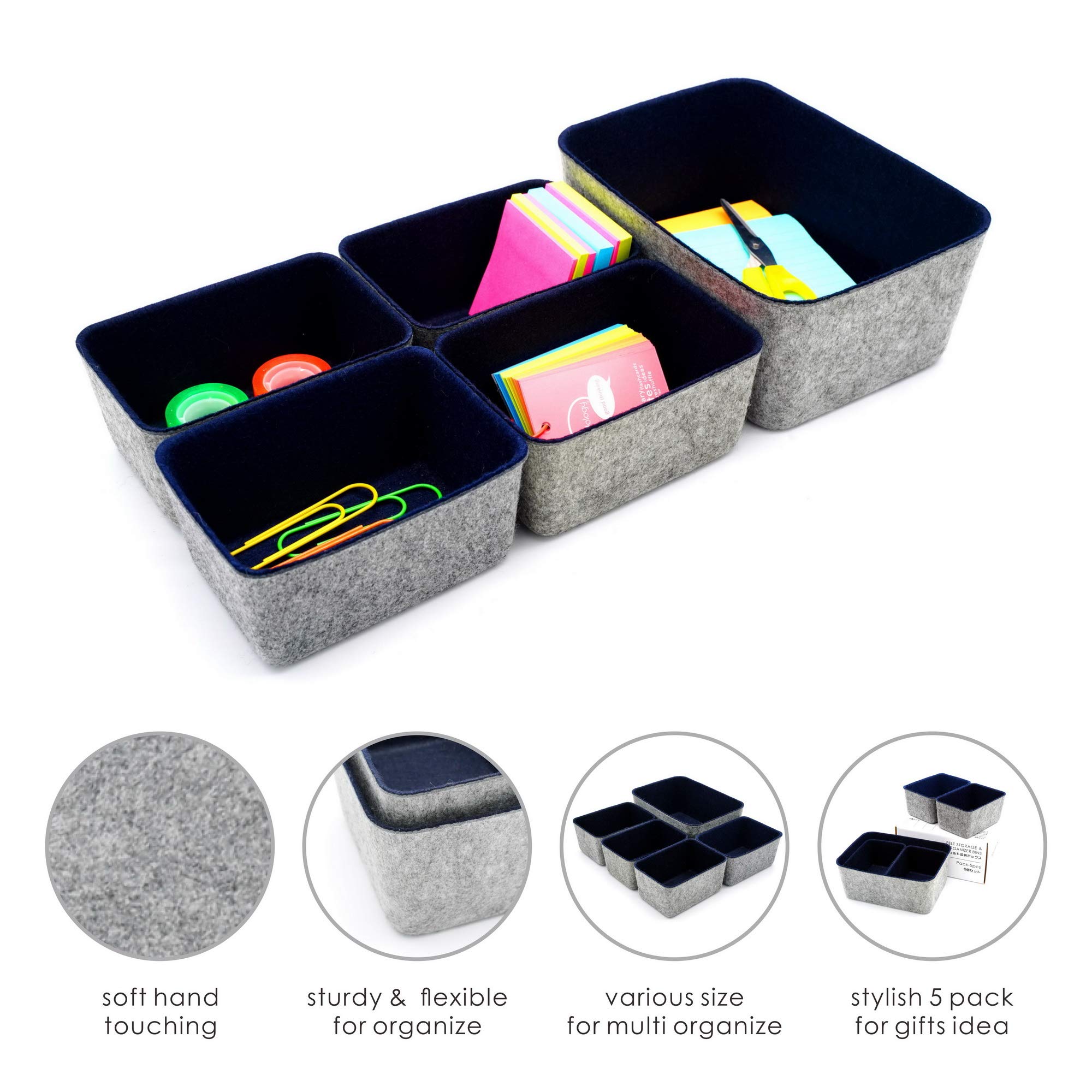 Welaxy Office Drawer Organizers - 5 Pack Deep Felt Storage Bins & Drawer Dividers for Desk, Home, or Office Organization (Navy Blue) - Perfect for Organizing Pens, Paper Clips, and Office Supplies