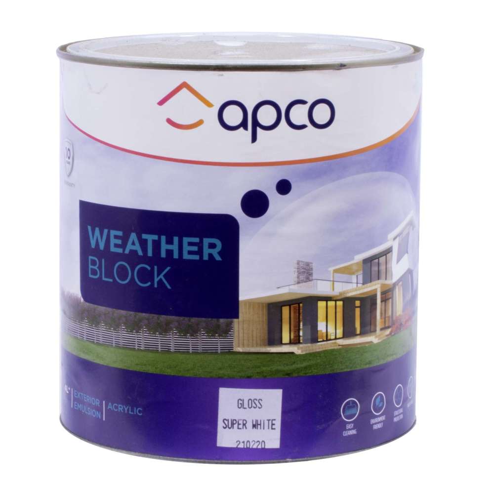 Apco Weatherblock Gloss Acrylic White Paint 4L - Exterior & Interior Protection for Wood, Metal & Masonry - Perfect for Home DIY Projects & Professional Use