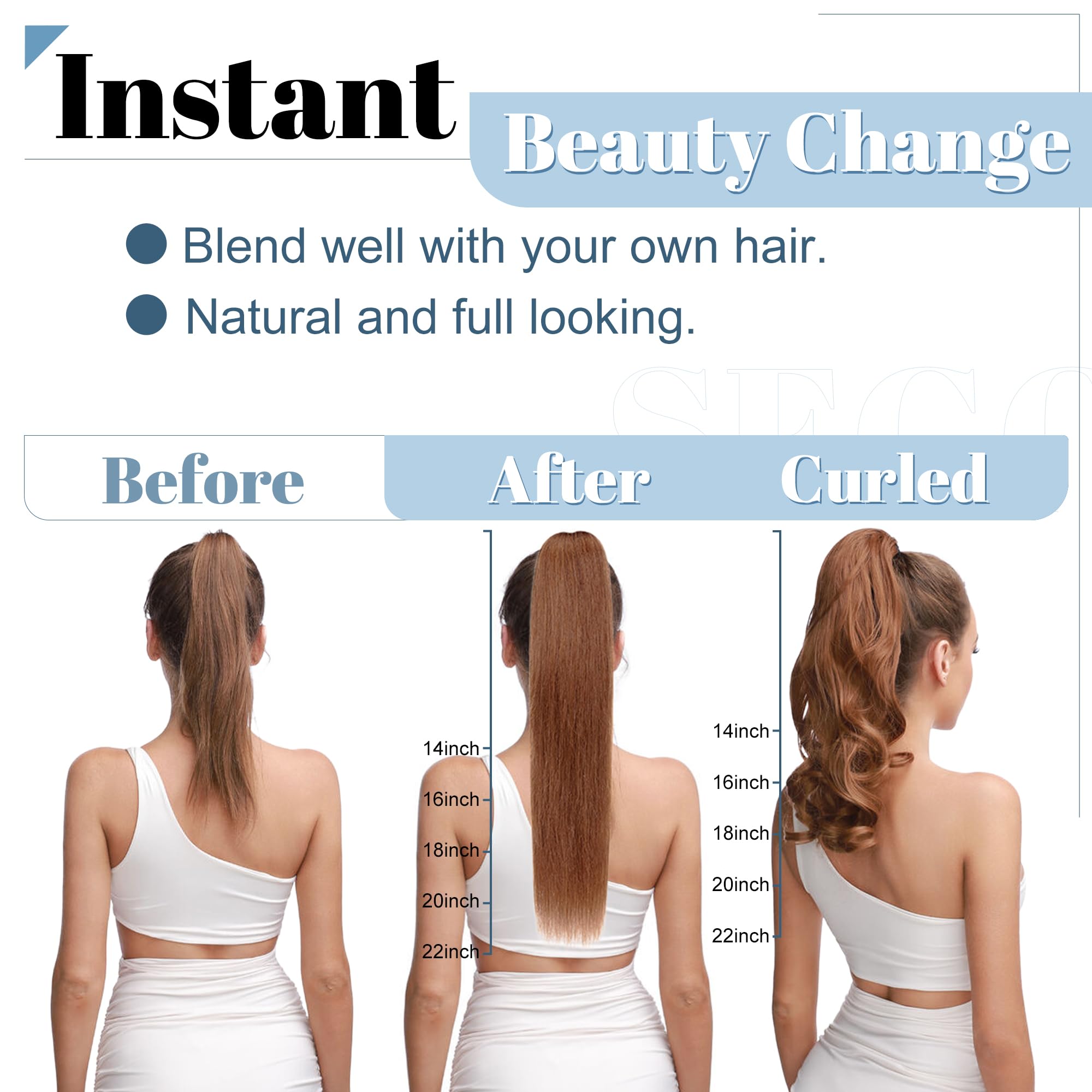 SEGO Clip in Ponytail Extension - 18 Inch Long Straight Human Hair Ponytail for Women - Dark Blonde 115g - Perfect for Parties, Weddings & Everyday Styling