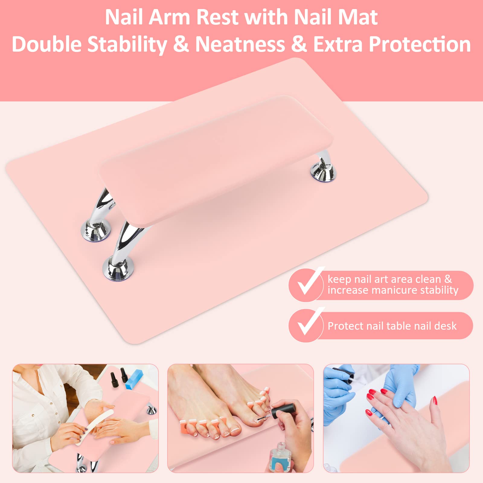 Professional Acrylic Nail Arm Rest with Microfiber Leather Cushion & Nail Table Mat - Soft Foldable Hand Pillow Footstool for Nail Technicians & DIY Manicures - Perfect for Salon, Home Nail Art & Gel Polish Application (Pink)