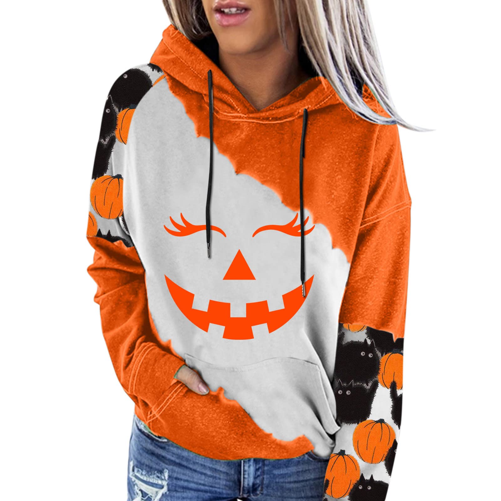 BEUU Women's Pumpkin Print Hoodie with Pocket for Halloween & Casual Wear