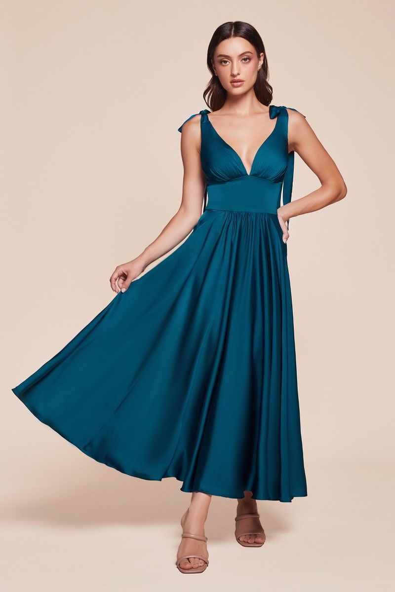 Elegant Maggie Midi Dress in French Navy - Tea Length Soft Satin A-Line Dress for Women | Perfect for Cocktail Parties, Weddings & Formal Events