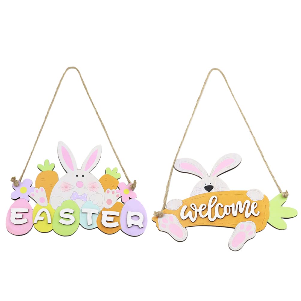 IMIKEYA 2-Piece Easter Wooden Signs - Happy Easter Bunny Hanging Plaques with Colorful Spring Welcome Design for Door, Window & Wall Decor | Perfect for Easter Home Decoration, Spring Party & Holiday Festivities
