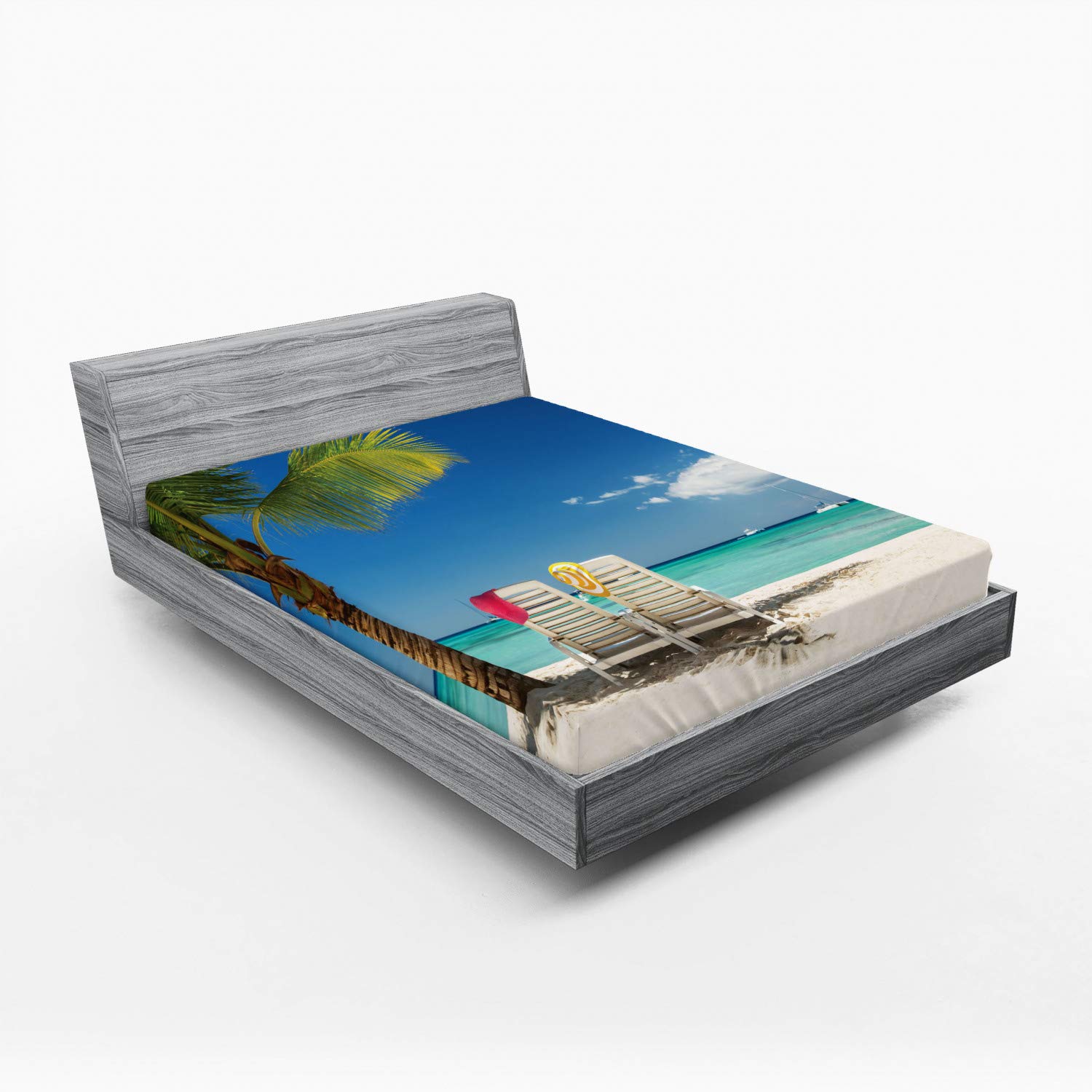 Ambesonne Seaside Fitted Sheet - Queen Size Green Blue Beach Palm Tree Design with Deep Pocket Elastic, Soft Bed Cover for Vacation Style Bedroom Decor | Perfect for Coastal Themed Rooms, Guest Bedrooms & Beach House Retreats