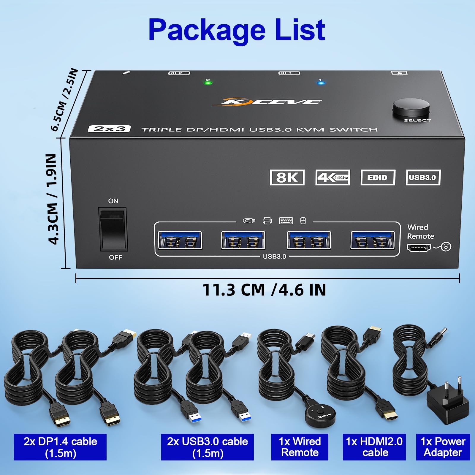Triple Monitor USB 3.0 KVM Switch - 3 Monitors 2 Computers Support 8K@60Hz & 4K@144Hz, HDMI + 2 DisplayPort for Dual PC Setup, 4-Port USB 3.0 Hub with Wired Remote & Power Adapter - Perfect for Gaming, Trading & Multi-Tasking Workstations