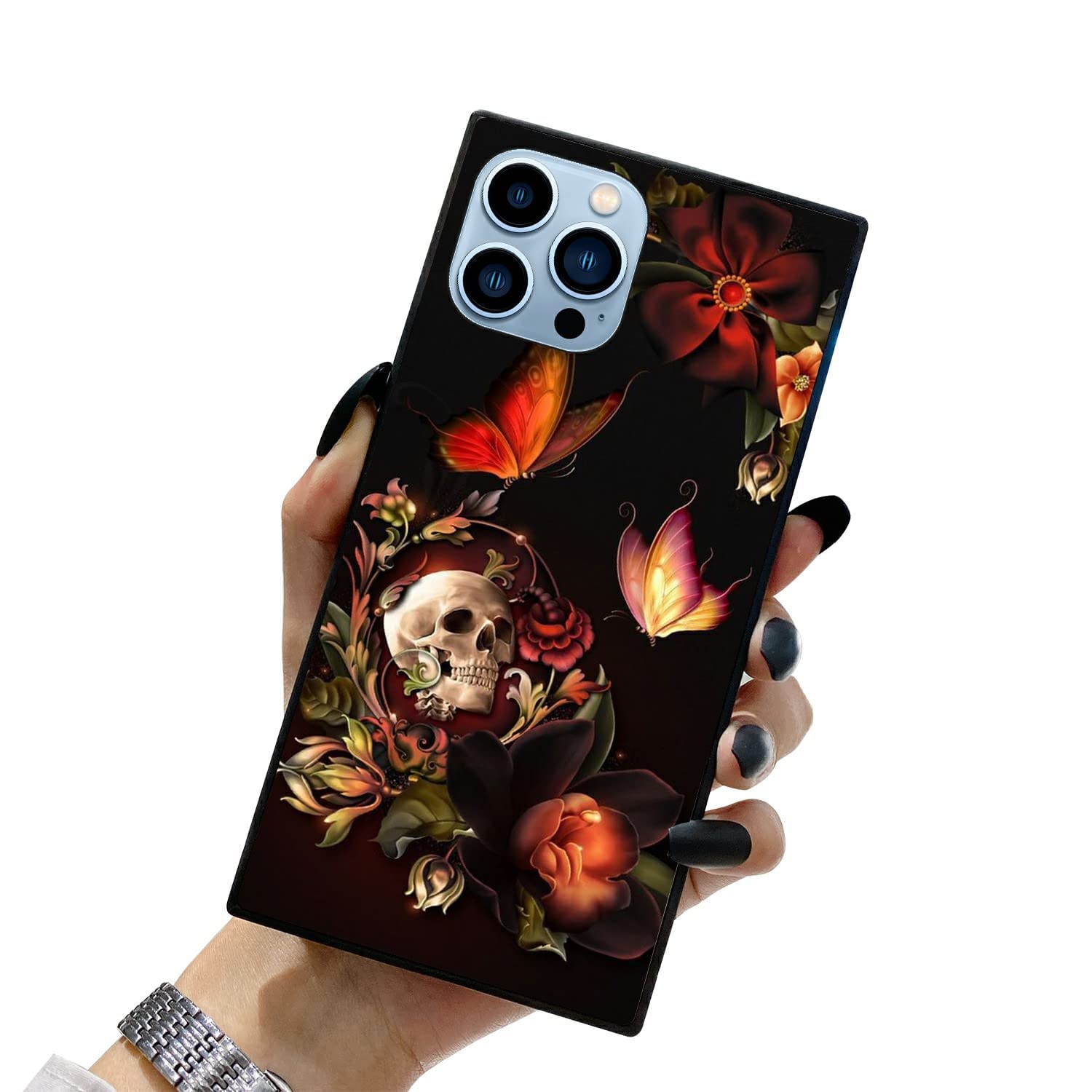 Skull & Summer Flowers iPhone 13 Pro Max Case - Fashion Hard PC Back with Soft TPU Bumper for Women & Girls | Trendy Protective Phone Cover for Daily Use, Work & Outdoor Activities