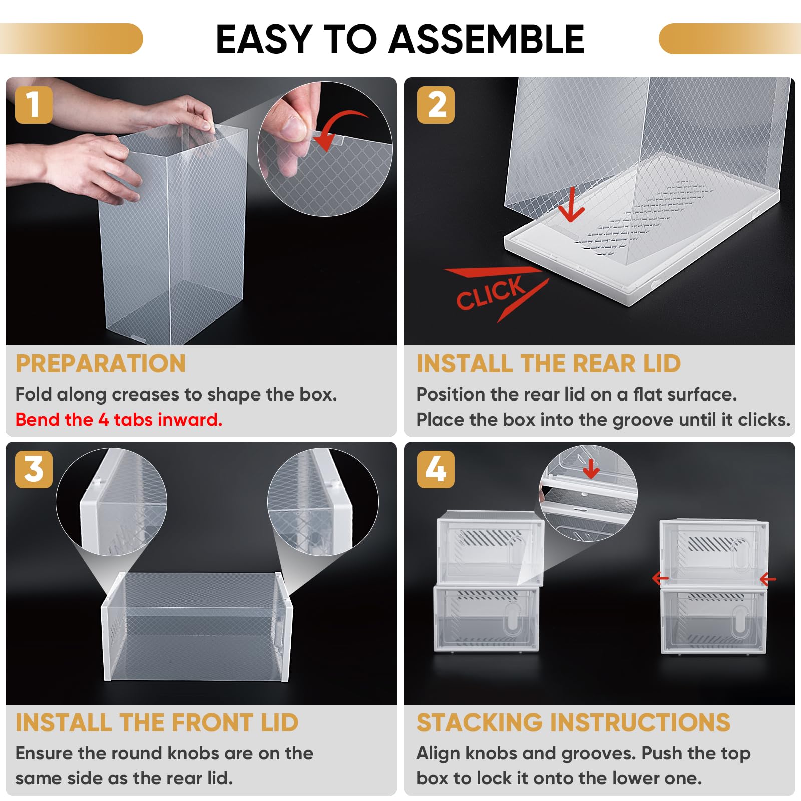 BALEINE 12 Pack Stackable Clear Shoe Storage Boxes with Lids - Foldable Plastic Shoe Organizer for Sneakers, Boots & Heels (Fits Size 9, Large Black) - Perfect for Closet, Bedroom & Entryway Organization