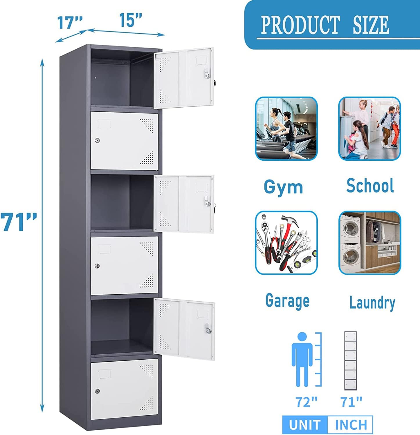 Lockable Metal Storage Lockers with Keys - 6 Door Steel Cabinet for Office, Gym, School & Home (Grey-White) - Secure Employee & Personal Belongings Storage Solution