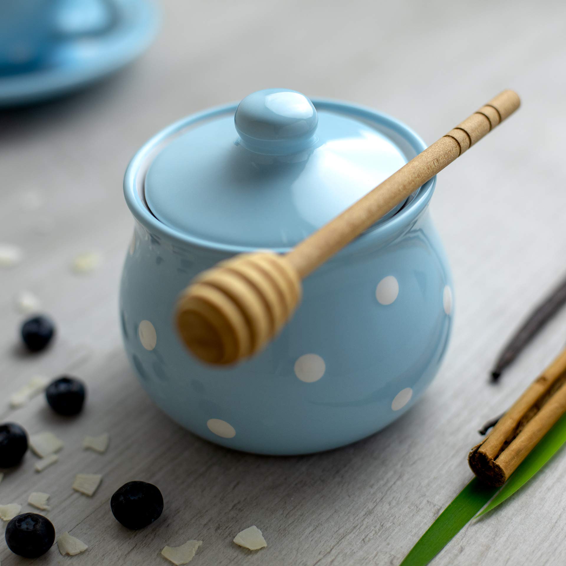 Handmade Baby Blue and White Polka Dot Ceramic Teapot Set - 1.7L (60oz) Large Capacity with 4 Cups & Saucers, Milk Jug & Sugar Bowl - Perfect for Afternoon Tea, Housewarming Gifts & Tea Lovers - City to Cottage®