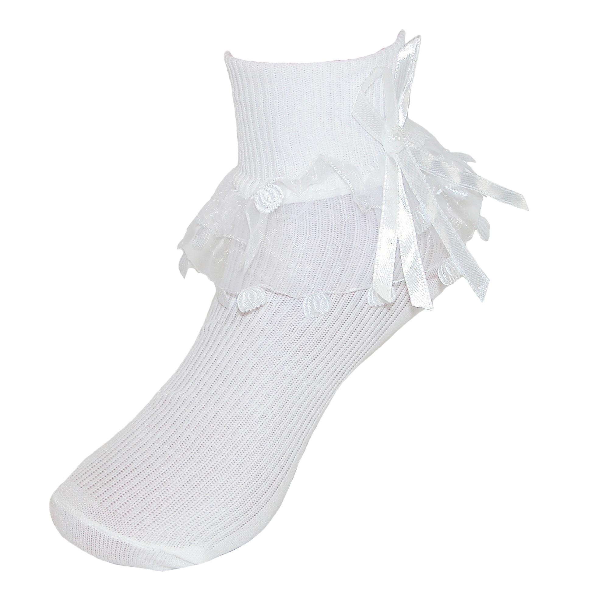 CTM® Girls' Lace Ruffle Ankle Socks with Pearl Accents - Cute & Comfortable Dress Socks for School, Parties, and Special Occasions