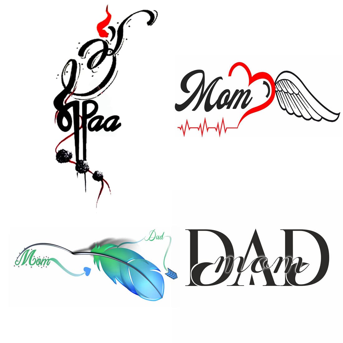 Mom Dad Feather Temporary Tattoo Stickers - Pack of 4 Waterproof Fake Tattoos for Men & Women (2x4 Inch) - Perfect for Parties, Festivals & Body Art