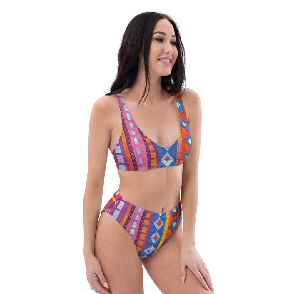 Eco-Friendly High Waisted Bikini Set for Women - Rainbow Geometric Striped Swimwear | Perfect for Beach Vacations, Pool Parties & Summer Getaways