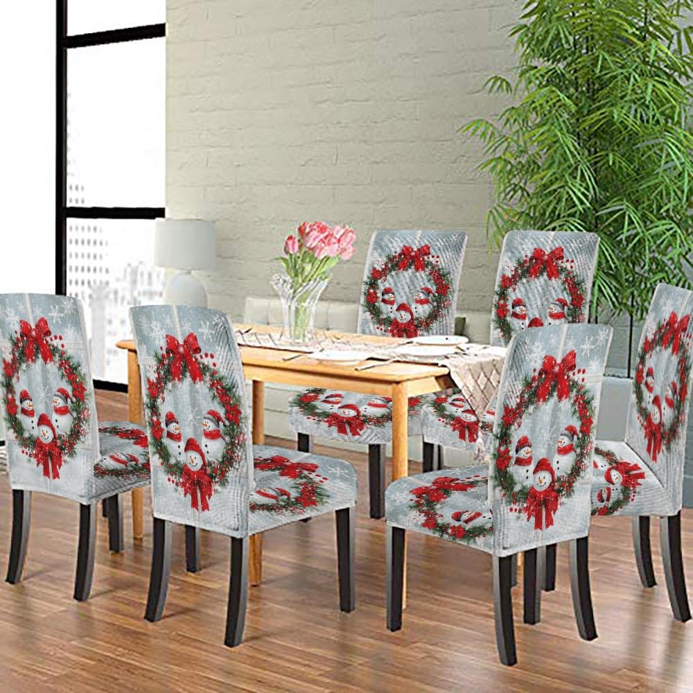EMMTEEY Stretchy Christmas Dining Chair Covers Set of 2 - Washable Winter Wonderland Snowmen & Wreath Design Chair Protectors for Holiday Parties, Family Gatherings & Festive Home Decor