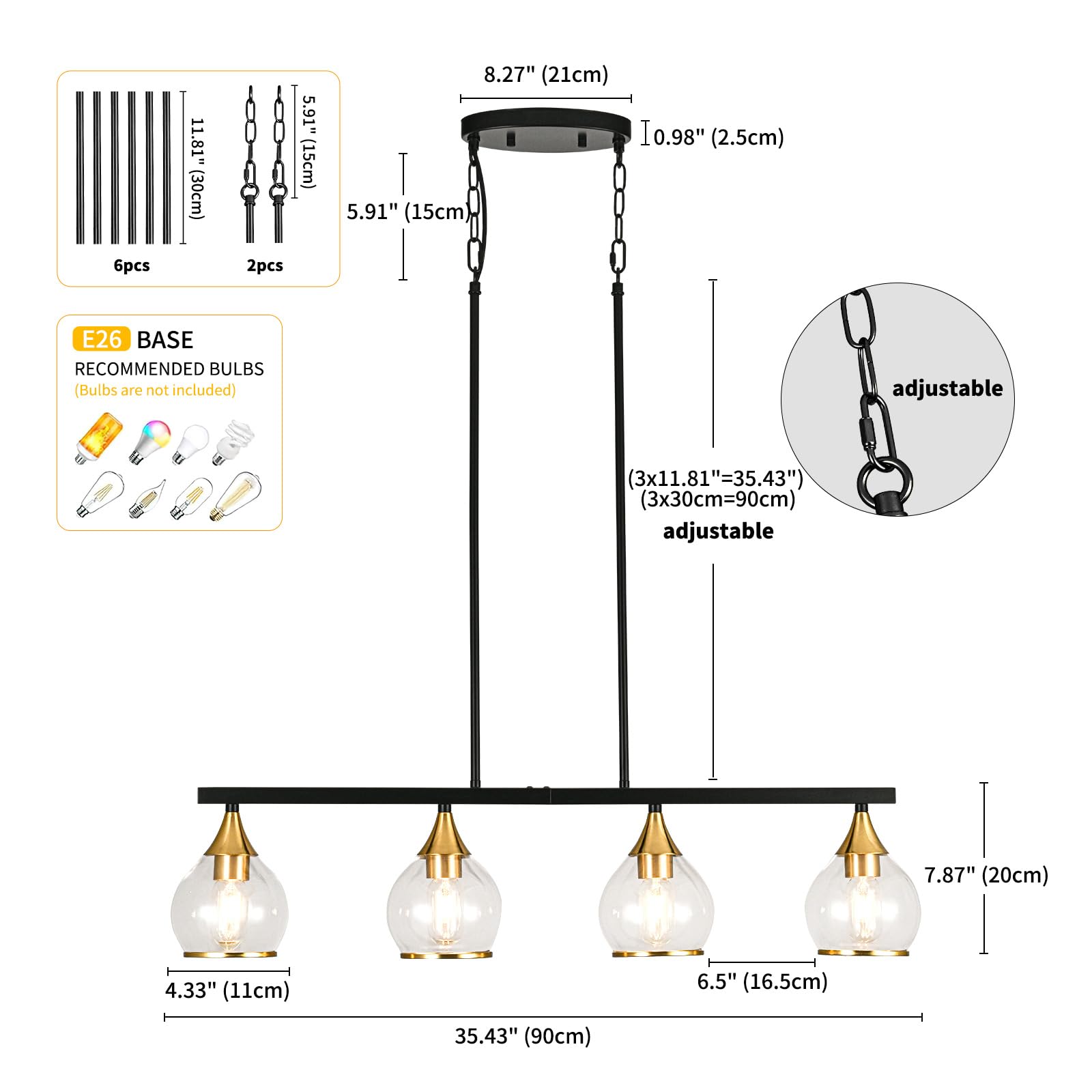 Farmhouse Black and Gold 4-Light Kitchen Island Pendant Chandelier with Clear Glass Shades - Matte Black Linear Hanging Light Fixture for Dining Room & Kitchen Counter | Perfect Over Tables, Breakfast Bars, and Kitchen Islands