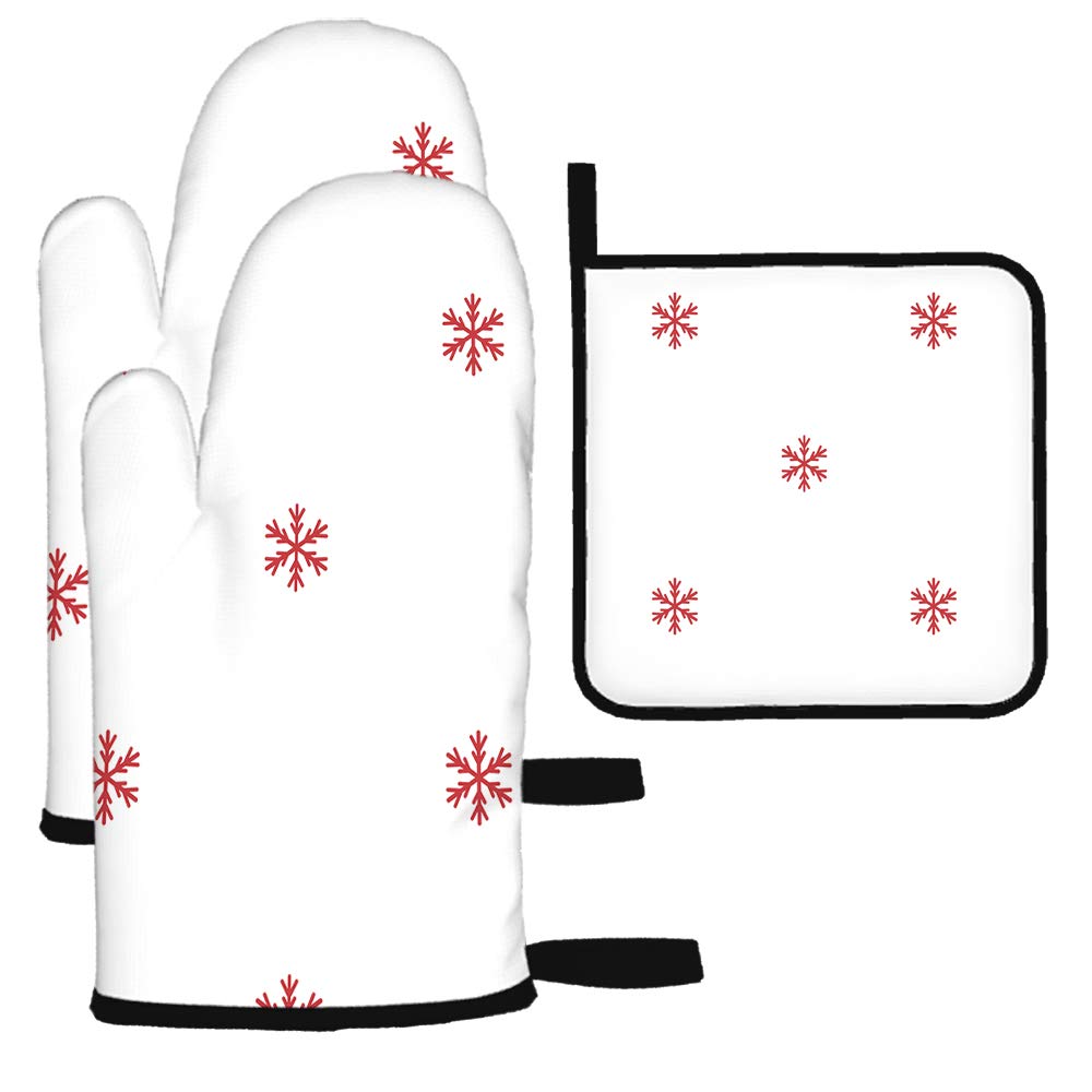 HGOD DESIGNS Red Snowflakes Oven Mitts & Pot Holders Set - Christmas Kitchen Cooking Gloves with Heat Resistant Baking & BBQ Grilling Protection - Perfect for Holiday Cooking, Baking, and Outdoor Grilling