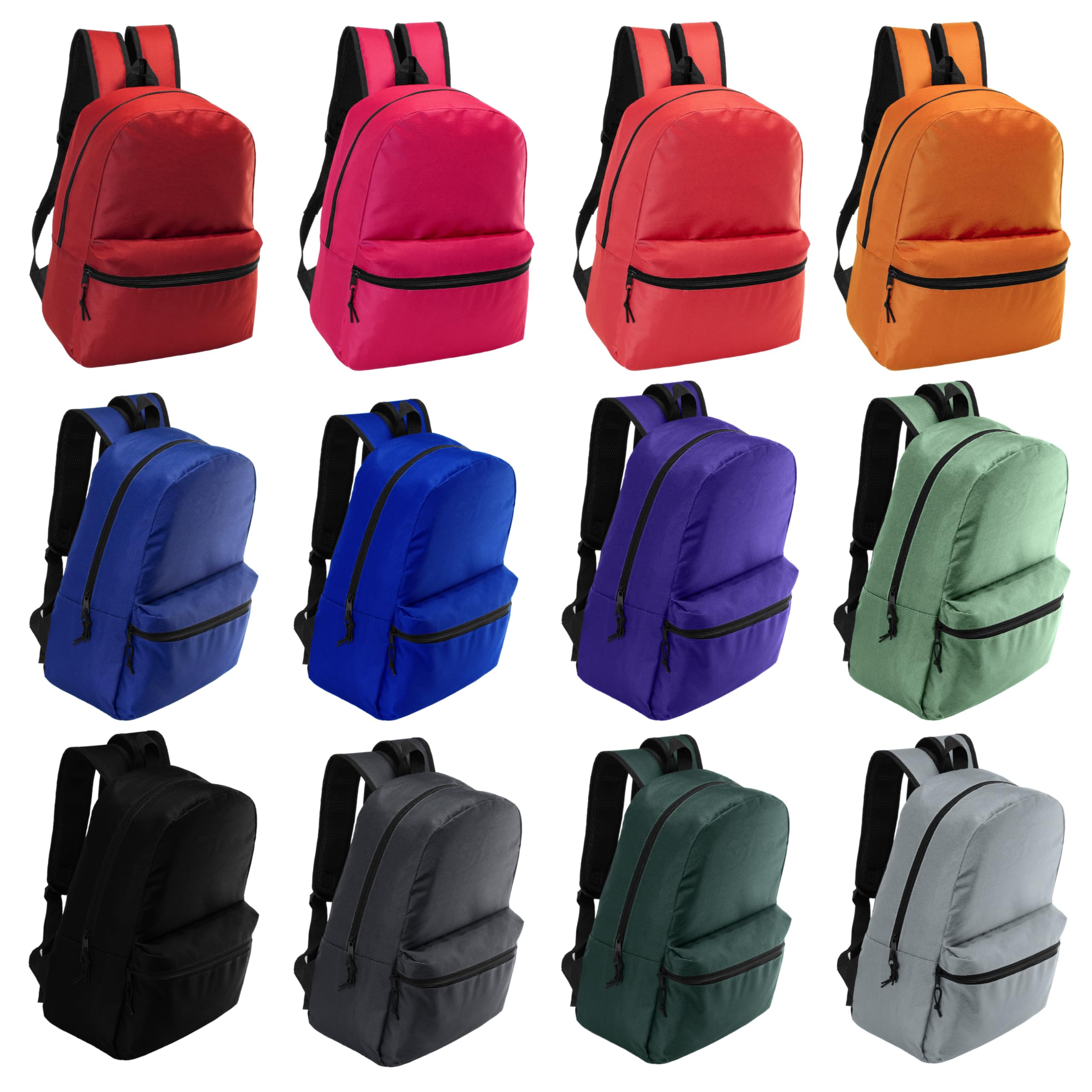Moda West 17 Inch Bulk Backpacks with 16-Piece School Supplies Kit (Pens, Pencils, Crayons) - Case of 12 Wholesale Backpacks in 12 Colors - Perfect for Back to School, Classroom Supplies & Student Gifts
