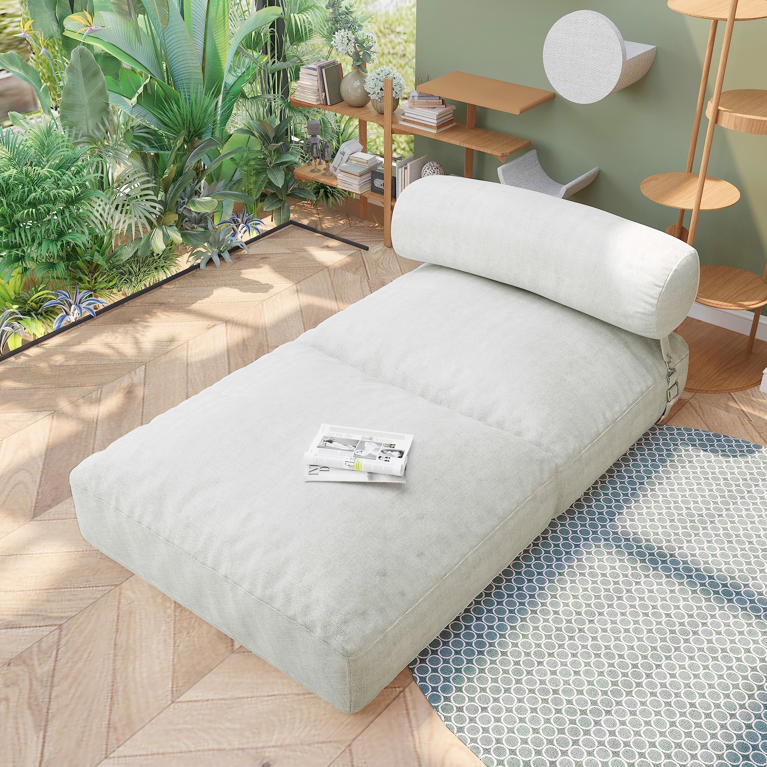Daneey 3-in-1 Convertible Floor Futon Couch - Multi-Functional Folding Sofa Bed with Bolster Pillow - Sleeper Chair & Fold Out Futon for Living Room, Guest Room & Small Spaces (Ivory)