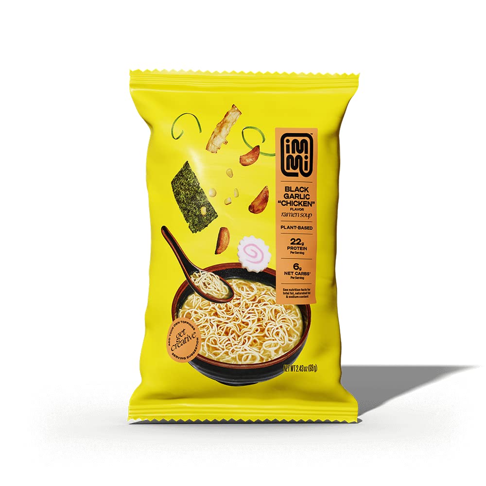Immi Black Garlic 'Chicken' Ramen - 100% Plant-Based Pumpkin Protein Noodles | Keto Friendly, High Protein, Low Carb Meal Kit (2.4 oz) | Ready to Eat Vegan Ramen for Quick Lunches, Office Meals & Healthy Snacking
