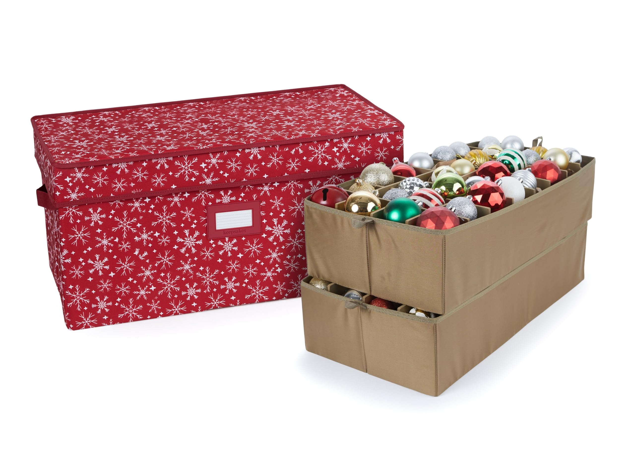 Covermates Keepsakes Adjustable Christmas Ornament Storage Box with Carrying Handles & Padded Protection - Holiday Decor Organizer for Tree Decorations, Red Snowflake Design - Perfect for Seasonal Storage & Home Organization