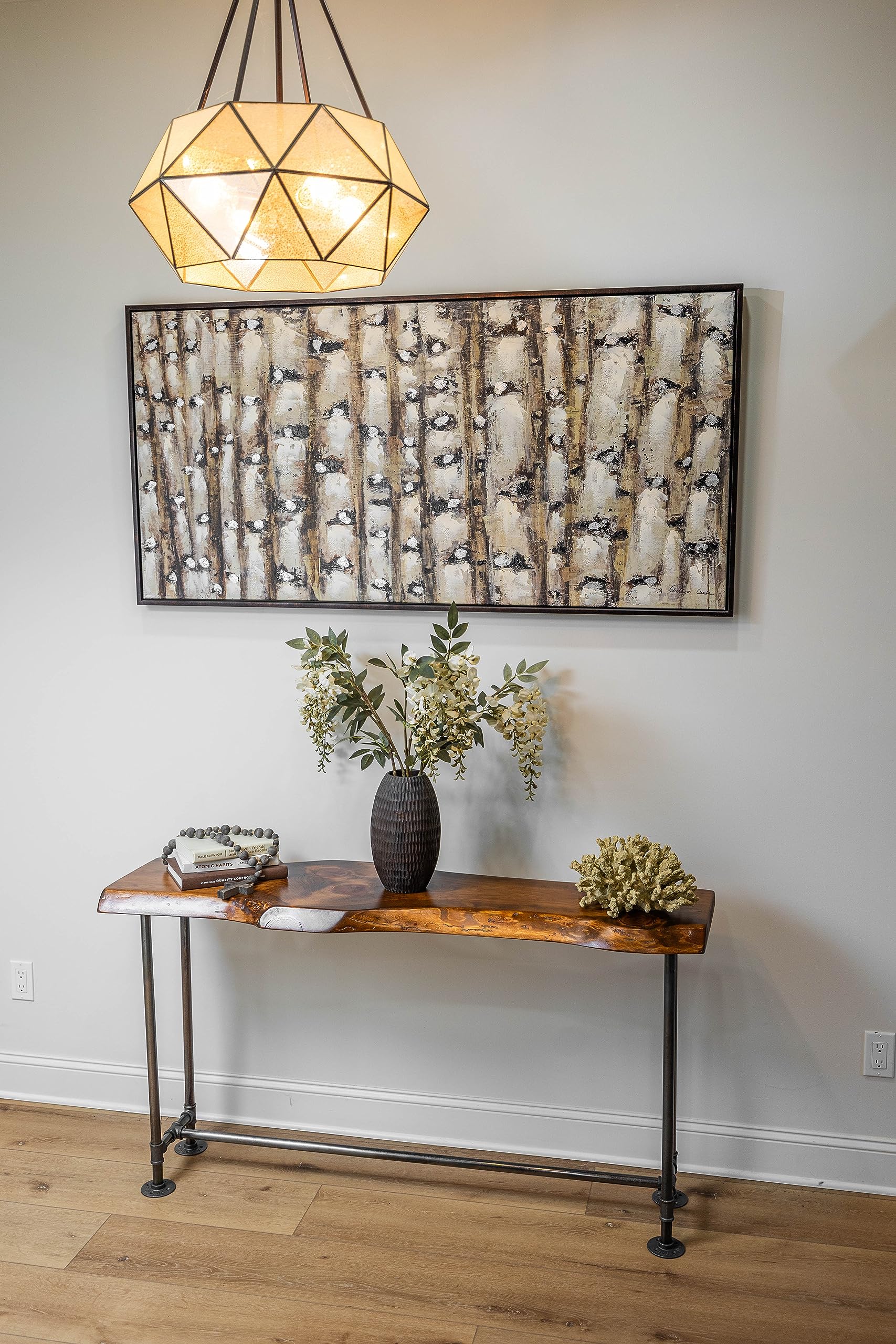Industrial Pipe Sofa Table - Live Edge Wood Console Table for Entryway, Behind Couch or Hallway - Rustic Honey Pine Finish - Perfect for Farmhouse, Industrial & Modern Home Decor
