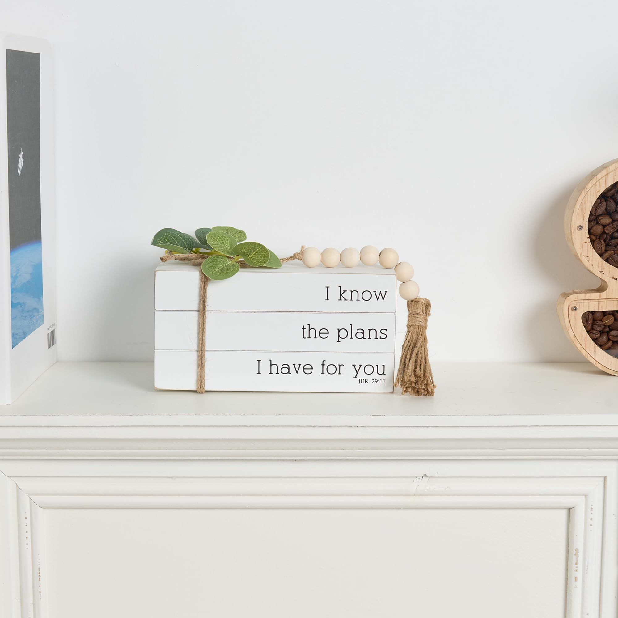 Faux Decorative Books for Home Decor - Rustic Farmhouse Style Shelf & Coffee Table Accessories with Wood Beads String | Perfect for Bookshelf Styling, Mantel Decor, and Table Centerpieces