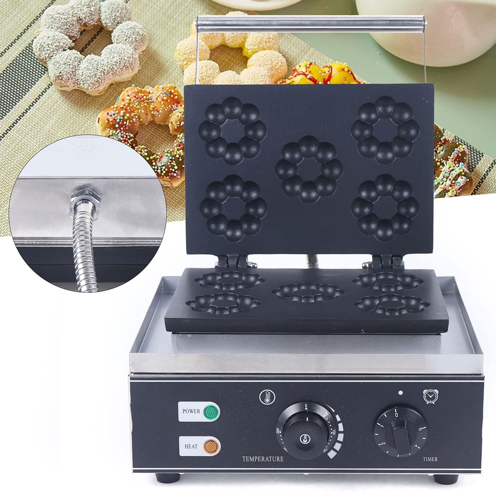 Commercial 5-Hole Plum Flower Donut Maker Machine - 1500W Electric Waffle Iron with Nonstick Coating, 110V for Bakery & Restaurant (Silver & Black) - Perfect for Making Mini Doughnuts, Waffles & Breakfast Pastries