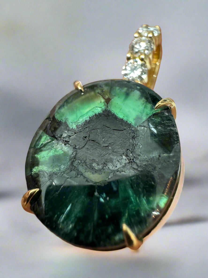 12.32tcw Oval Trapiche Colombian Emerald & Diamond Accented 18K Gold Pendant Necklace for Women - Elegant Jewelry Gift for Birthday, Anniversary & Special Occasions