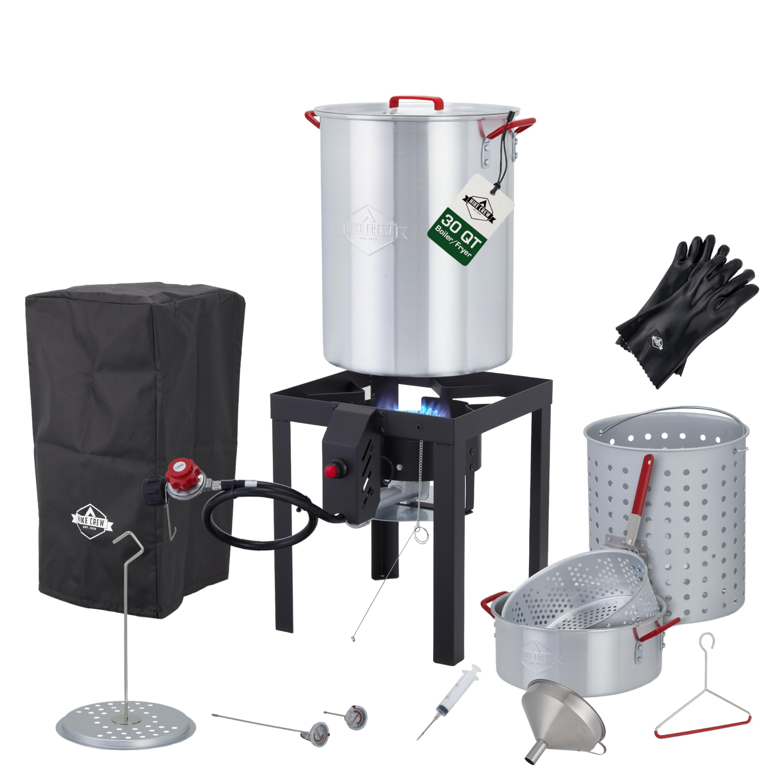 Hike Crew 50,000 BTU Outdoor Propane Turkey Fryer Kit with Igniter & Stainless Steel Funnel - Complete Set Includes 30qt & 10qt Pots, Strainer Baskets, 12