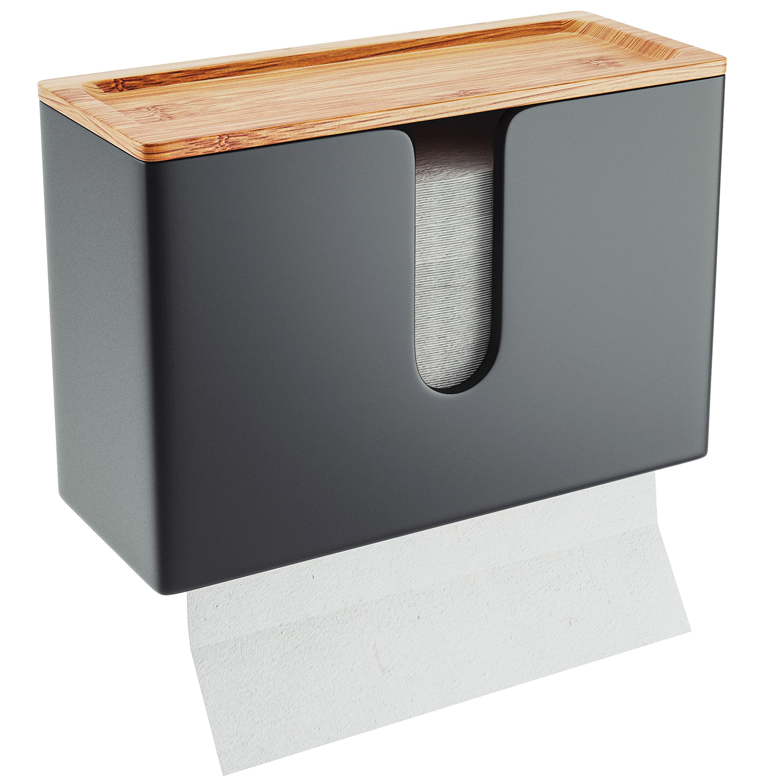 Eco-Friendly Bamboo Paper Towel Dispenser with Removable Tray - Wall Mount & Countertop Holder for C-Fold/Z-Fold/Tri-Fold Towels - Perfect for Commercial Kitchens, Restaurants & Bathrooms - Durable Black Design