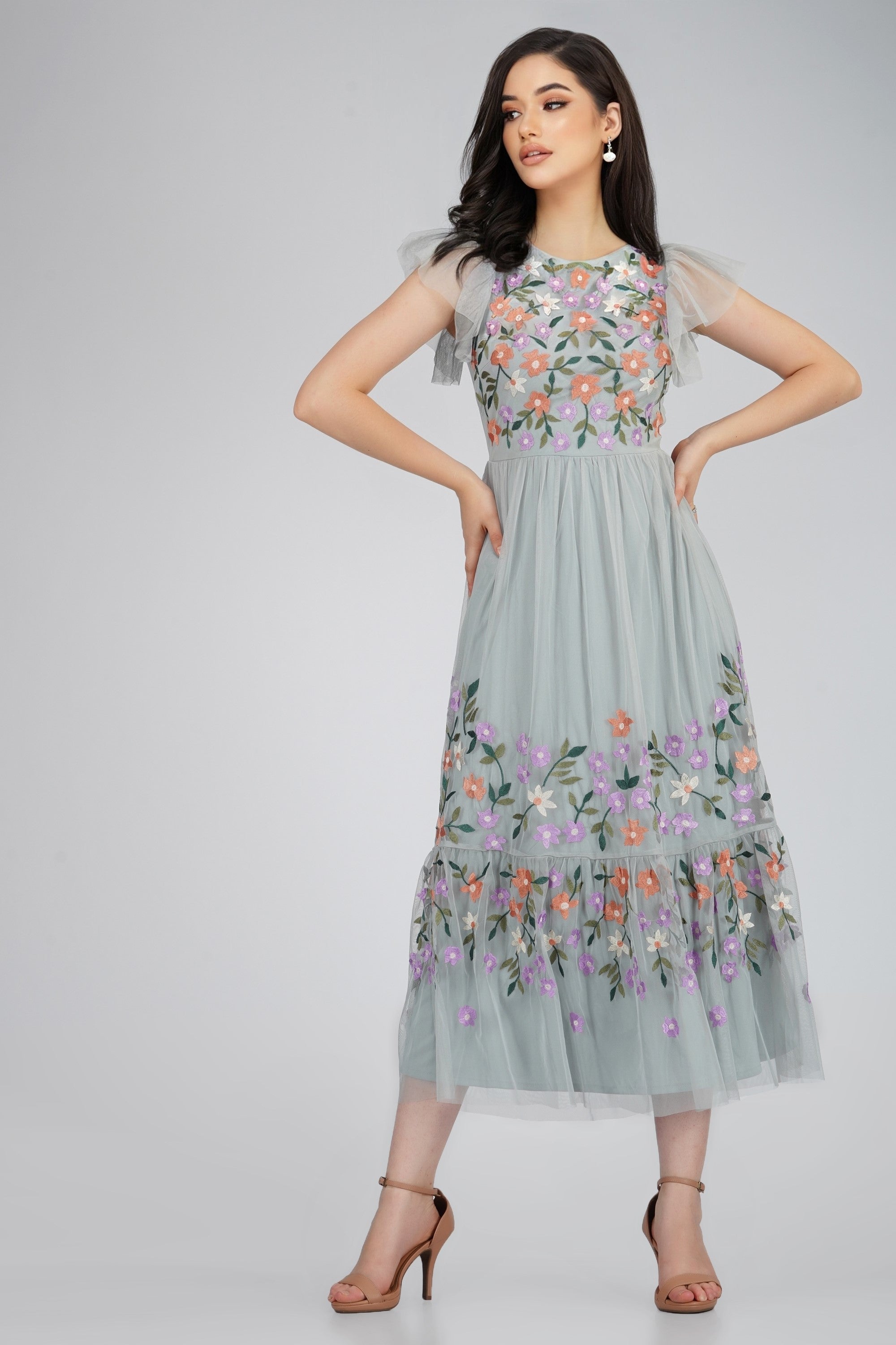 Elegant Iris Dusty Blue Embroidered Floral Dress for Women - Perfect for Weddings, Parties & Special Occasions