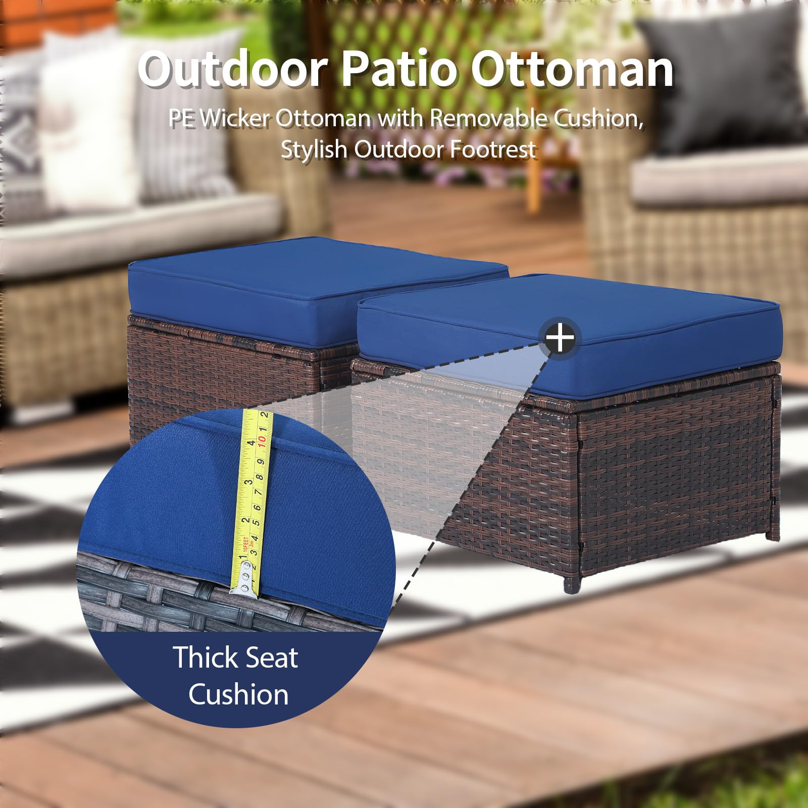 2-Piece All-Weather Rattan Ottoman Set with Removable Cushions - Waterproof Patio Footrest & Outdoor Lounge Seat for Garden, Poolside & Deck Relaxation