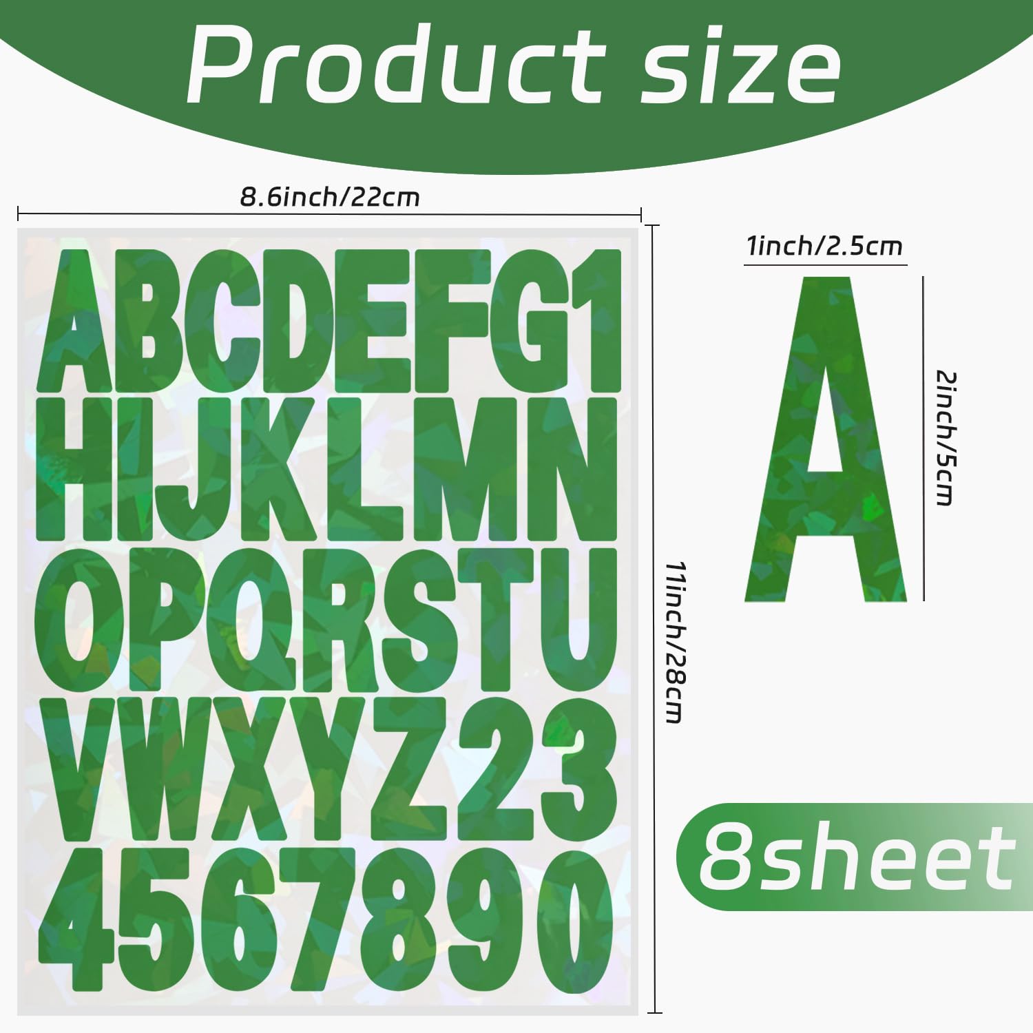 Starboling 2 Inch Green Alphabet Stickers - 8 Sheets Self-Adhesive Vinyl Letter Stickers for Mailbox Numbers, DIY Arts & Crafts, Outdoor Signs, Posters, Doors, Mailboxes, Cars & Trucks - Perfect for Home Decor, School Projects & Personalized Labeling
